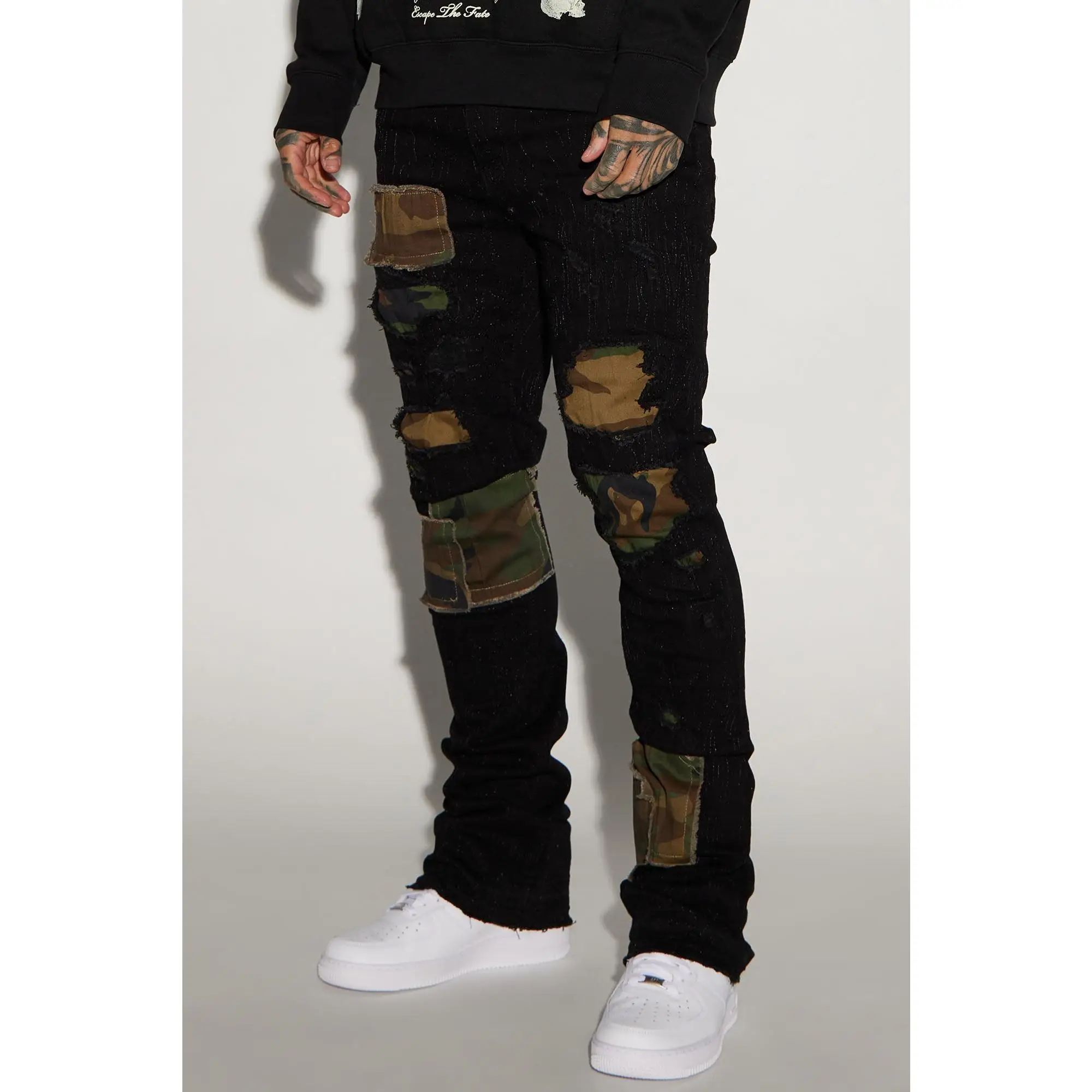 Hint Of Camo Stacked Skinny Flare Jeans - Black