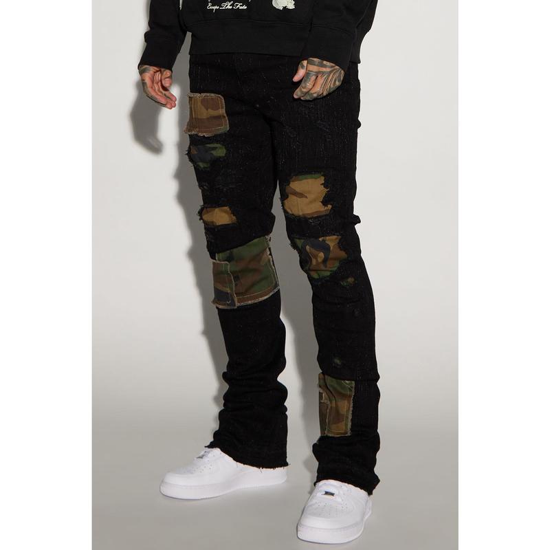 Hint Of Camo Stacked Skinny Flare Jeans - Black