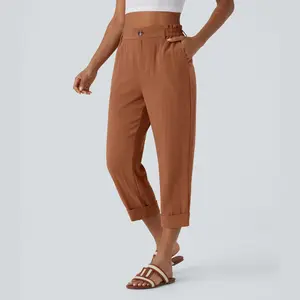 Halara High Waisted Button Zipper Side Pocket Capri Resort Linen-Feel Pants