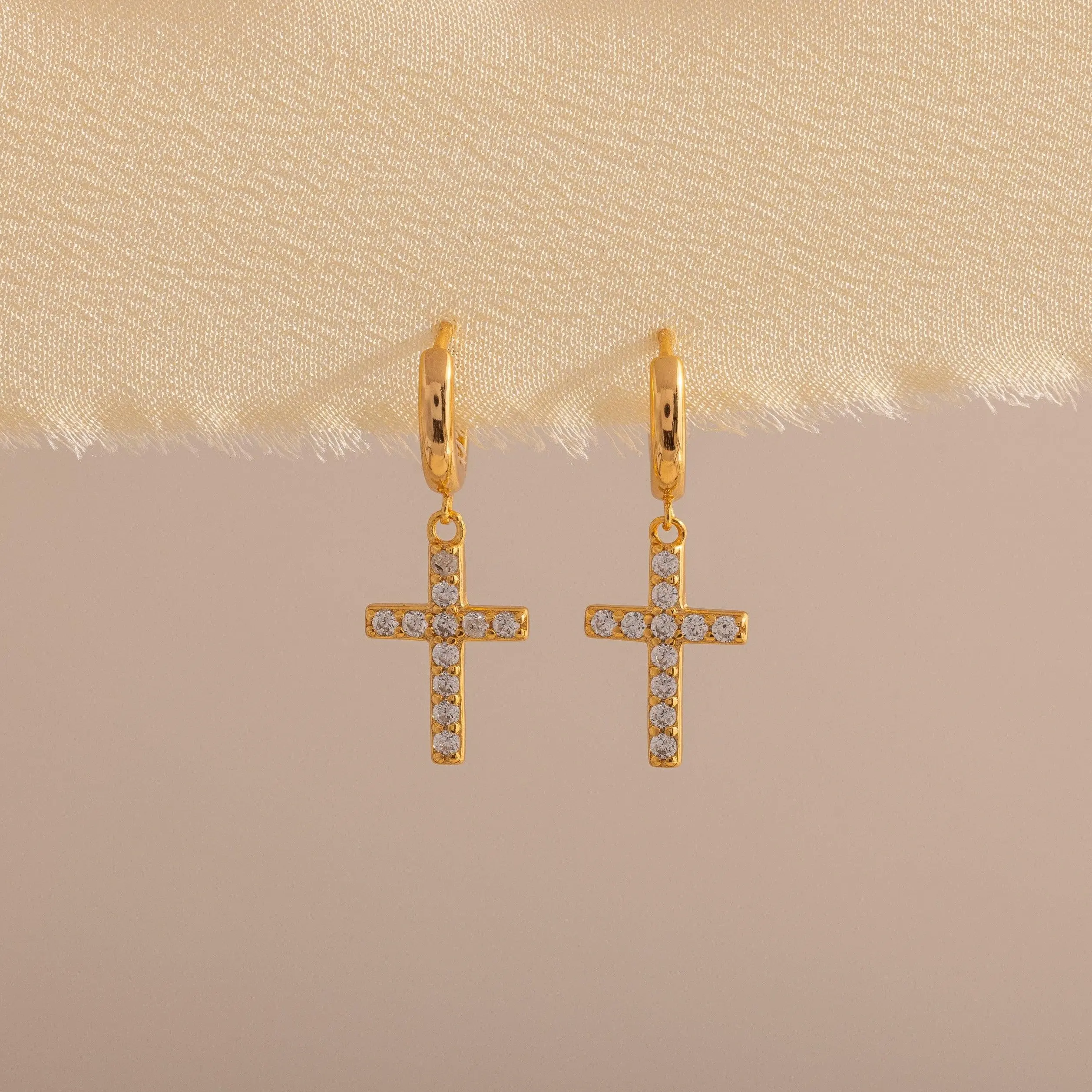 Pave Cross Hoops by Caitlyn Minimalist - Dainty Diamond Cross Earrings - Dangle Drop Huggie Earrings - Minimalist Jewelry - Gift for Her
