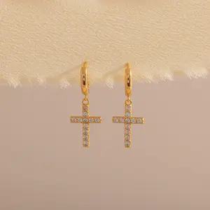 Pave Cross Hoops by Caitlyn Minimalist - Dainty Diamond Cross Earrings - Dangle Drop Huggie Earrings - Minimalist Jewelry - Gift for Her