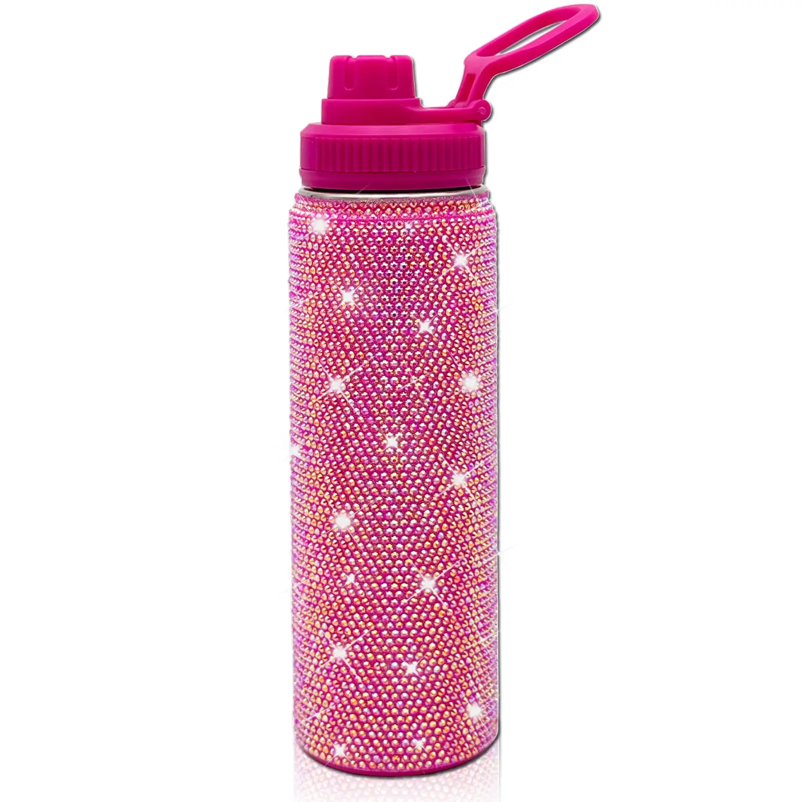 22oz Stainless Steel Bling Crystal Water Bottle Rhinestone Vacuum Insulated With Spout Lid Reusable Double-wall Glitter Sport Gift For Women Girl (hot Pink)