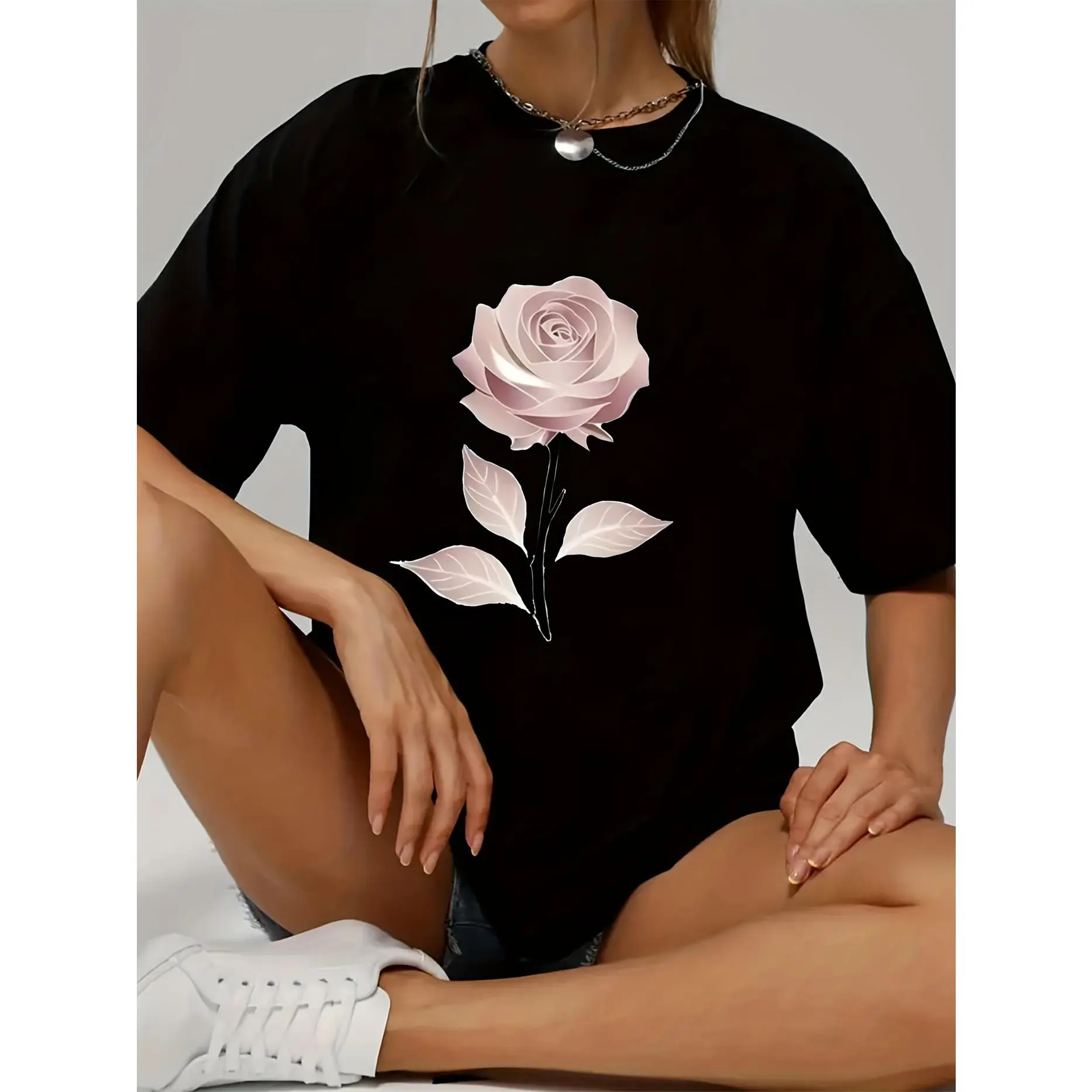 Women's Sexy Preppy T-Shirt with Rose Graphic, Elegant Pure Cotton Round Neck Casual Streetwear Top M, Shortsleeve, Lady, Basic, Cute
