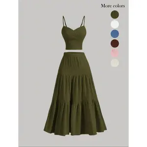 Women's Solid Crop Cami Top & A-line Skirt Two-piece Set, Casual Fashion Cozy Two Piece Outfits for Daily Outdoor Wear, Ladies Clothes for Summer