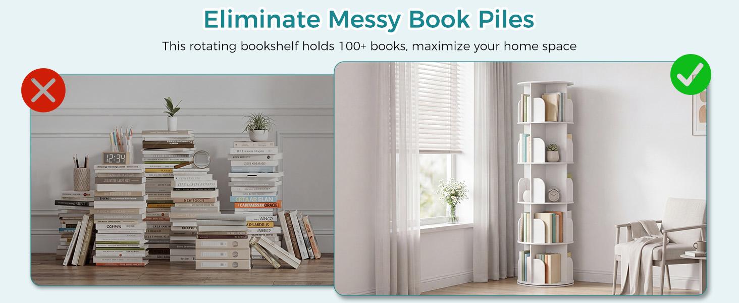 3-5 Tier Rotating Bookshelf Tower, Small Spinning Bookcase Lazy Susan | Freestanding 360° Display Revolving Book Shelf Storage Rack, Vertical Corner Organizer for Bedroom, Living Room, Modern White