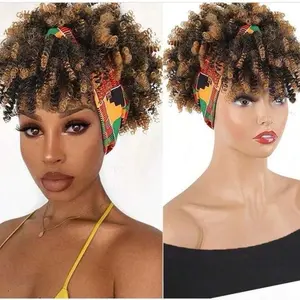 Curly Wigs For  Women, Headband Wigs With Bangs, Synthetic Short Afro Kinky Curly Wig With Headband Attached, Drawstring High Afro Puff Curly Wig Turban