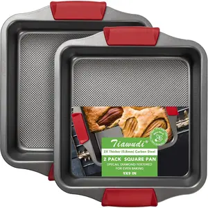 Set of 2 9" square cake pans, heavy-duty bakeware (0.8 mm thick) with diamond texture for even heating, nonstick baking pans for bread, brownies, and lemon bars, cake mold with silicone grip handles
