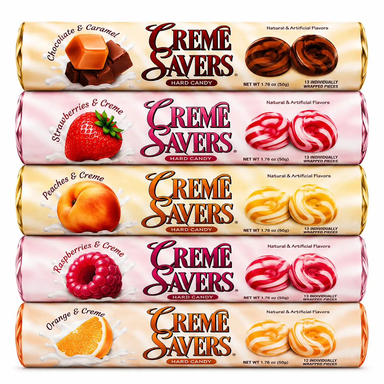 Creme Savers Hard Candies 1.76 oz 5-Roll Pack - Strawberry, Raspberry, Orange, Peach & Creme, Chocolate, Caramel Flavors - Nostalgic 90s Gluten-Free Food Snack, Classic Sweet Treat for Cupboards
