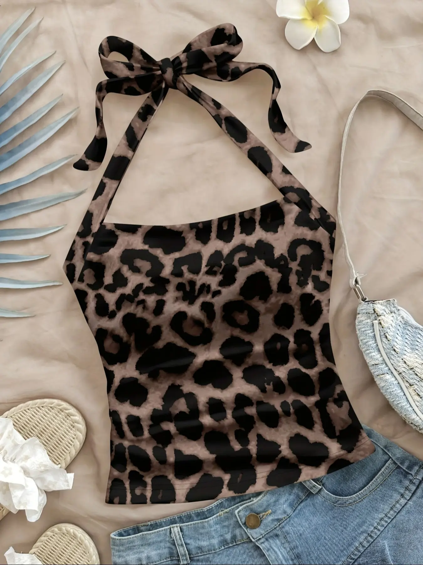 Women's Fashion Casual Fitted Halter Neck Top, Casual Beach Tank, Leopard Print, Adjustable Straps, Sleeveless, Summer Beachwear, All Season Wearable