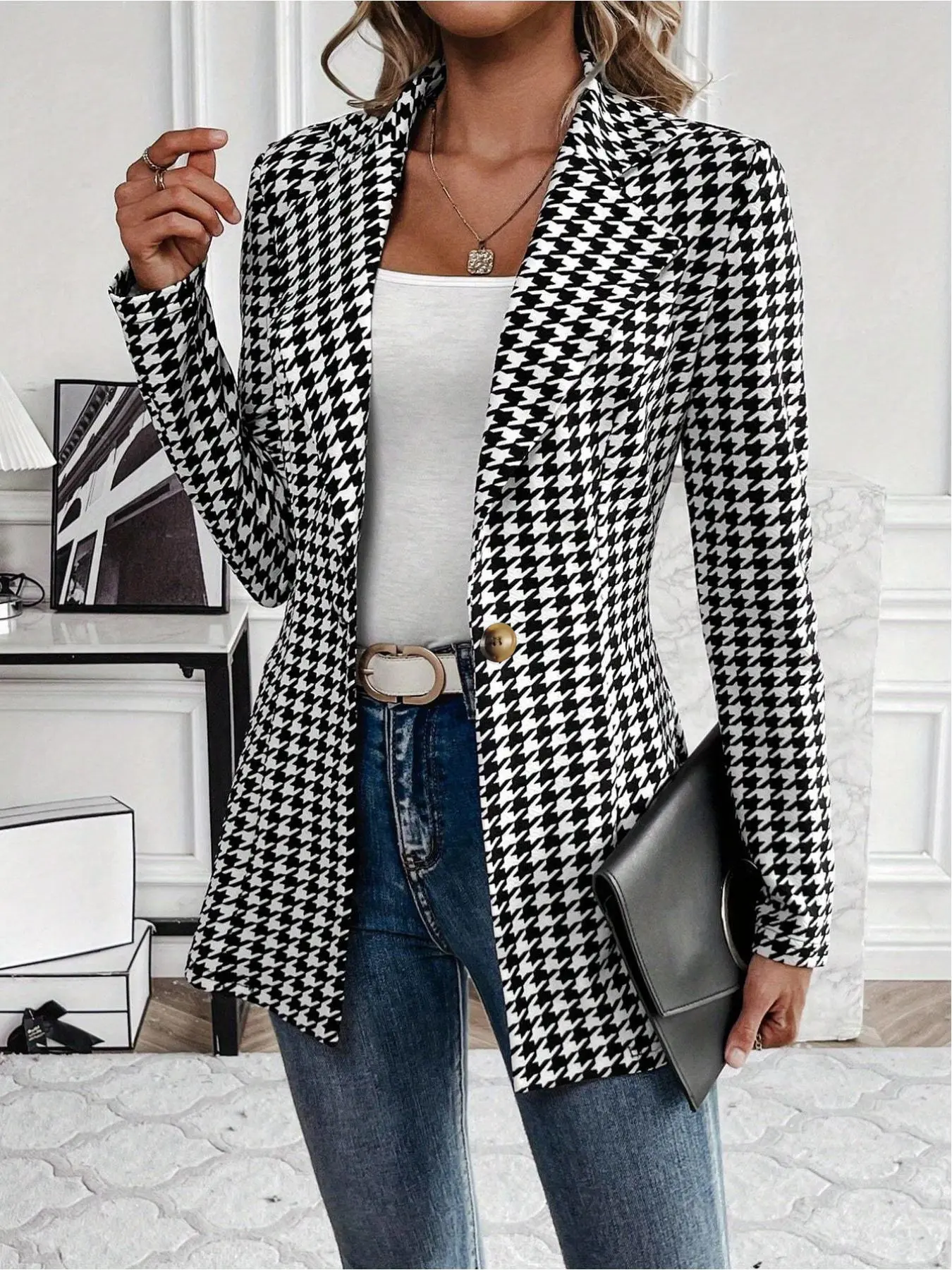 Women's Houndstooth Print Open Front Fitted Sweater Blazer, Casual Long Sleeve Outerwear for Work Office Business, Ladies Clothes for All Seasons, Womenswear, Blazer Jackets