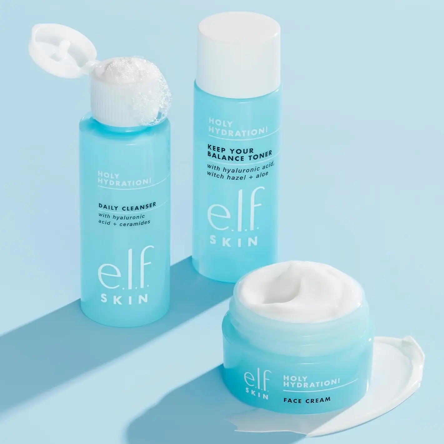 e.l.f. Holy Hydration! 3-Piece Travel Skincare Set with Hyaluronic Acid & Peptides for Daily Moisture, Vegan Face Care for All Skin Types, Morning Routine, Cleaning, Glow Up, Unisex, Fresh And Clean, Moisturizer, Hydrate, Face Care Products, Smooth Skin R