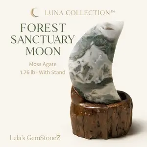 Moss Agate Crescent Moon with Stand - Natural Stone Specimen Displayed on Unique Wooden Base Decorative Artwork LUNA Collection 1.76 lb Statement Crystal