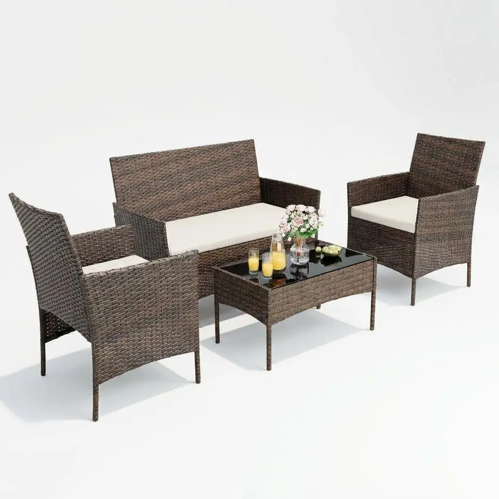 4-Piece Durable Outdoor Furniture Set - PE Rattan Wicker Patio Chairs with Soft Cushions, Tempered Glass Coffee Table, Waterproof UV-Resistant for Balcony, Garden, Indoor Lounging Areas (Grey/Beige)
