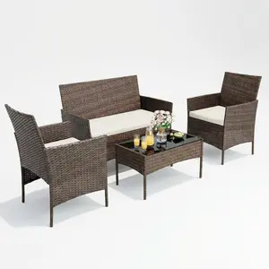 Gaomon 4-Piece UV-Resistant Outdoor Patio Furniture Set, PE Rattan Wicker Chairs with Soft Cushions, Tempered Glass Coffee Table - All-Weather Porch Set for Garden, Backyard (Grey/Beige)