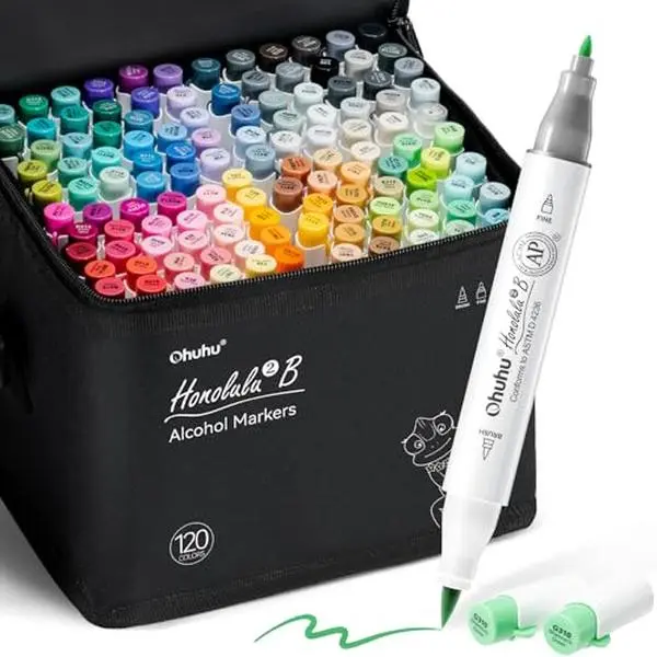 Ohuhu Alcohol Markers: Brush & Chisel / Fine - 120 Colors for Adult Coloring Refillable | AP Certified Art Marker Set, Dual Tips Alcohol-based for Artists Beginners Drawing Illustration Sketching, Honolulu 2 & 2B Series of Ohuhu