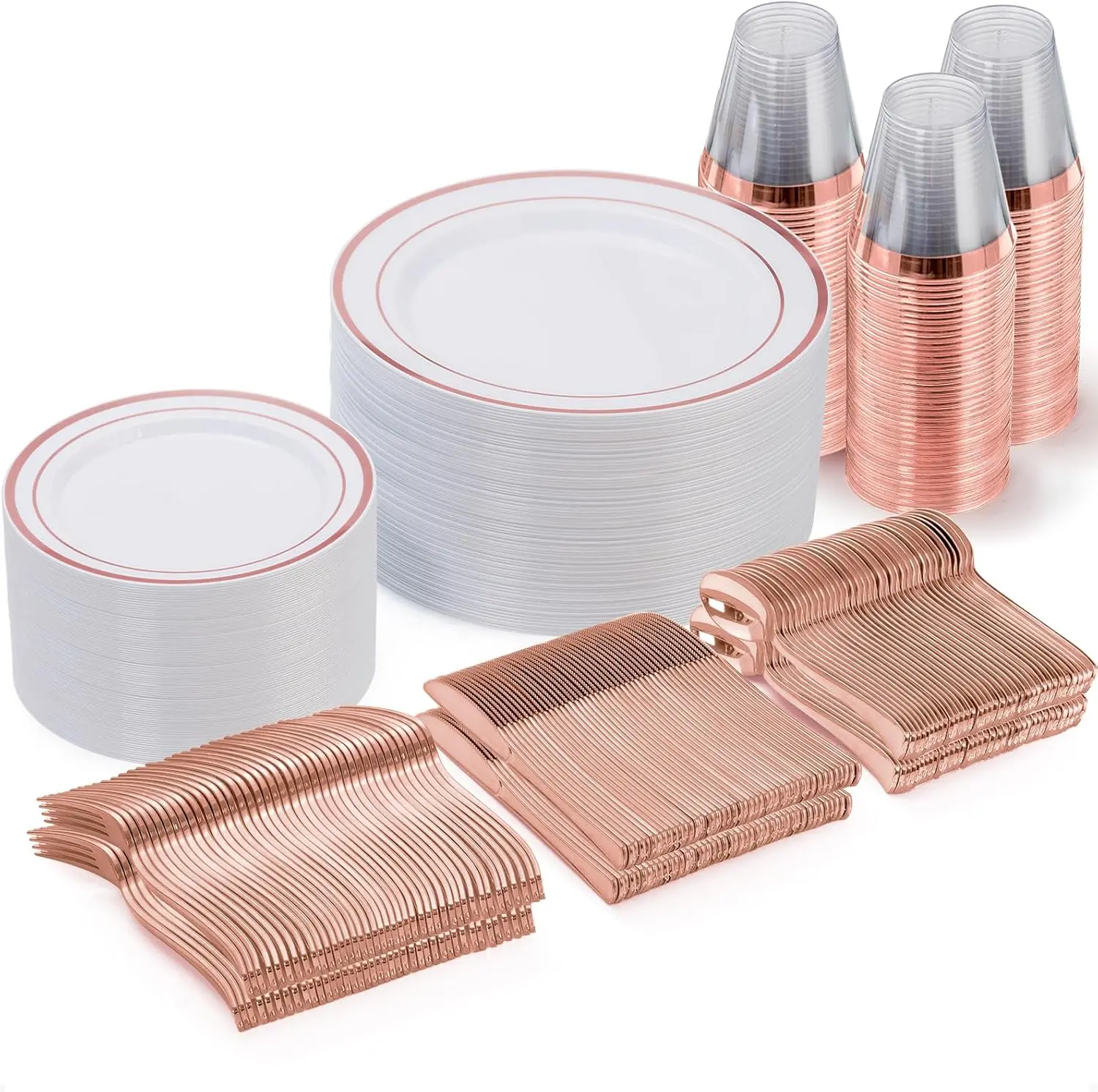 GOODLUCK Food Grade Thick Plastic Round Disposable Dinnerware Bulk Pack (300 Pieces for 50 Guests) – 50 Each of Dinner Plates, Salad Plates, Spoons, Forks, Knives, Cups for Parties, Weddings