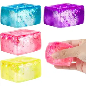 4-Pack Soft Plastic Glitter Ice Cube Fidget Squishies, Sensory Square Squeeze Stress Balls for Kids, Stress Relief Tools for Classroom Prizes, Sports & Outdoor Fan Shop Gaming Accessories