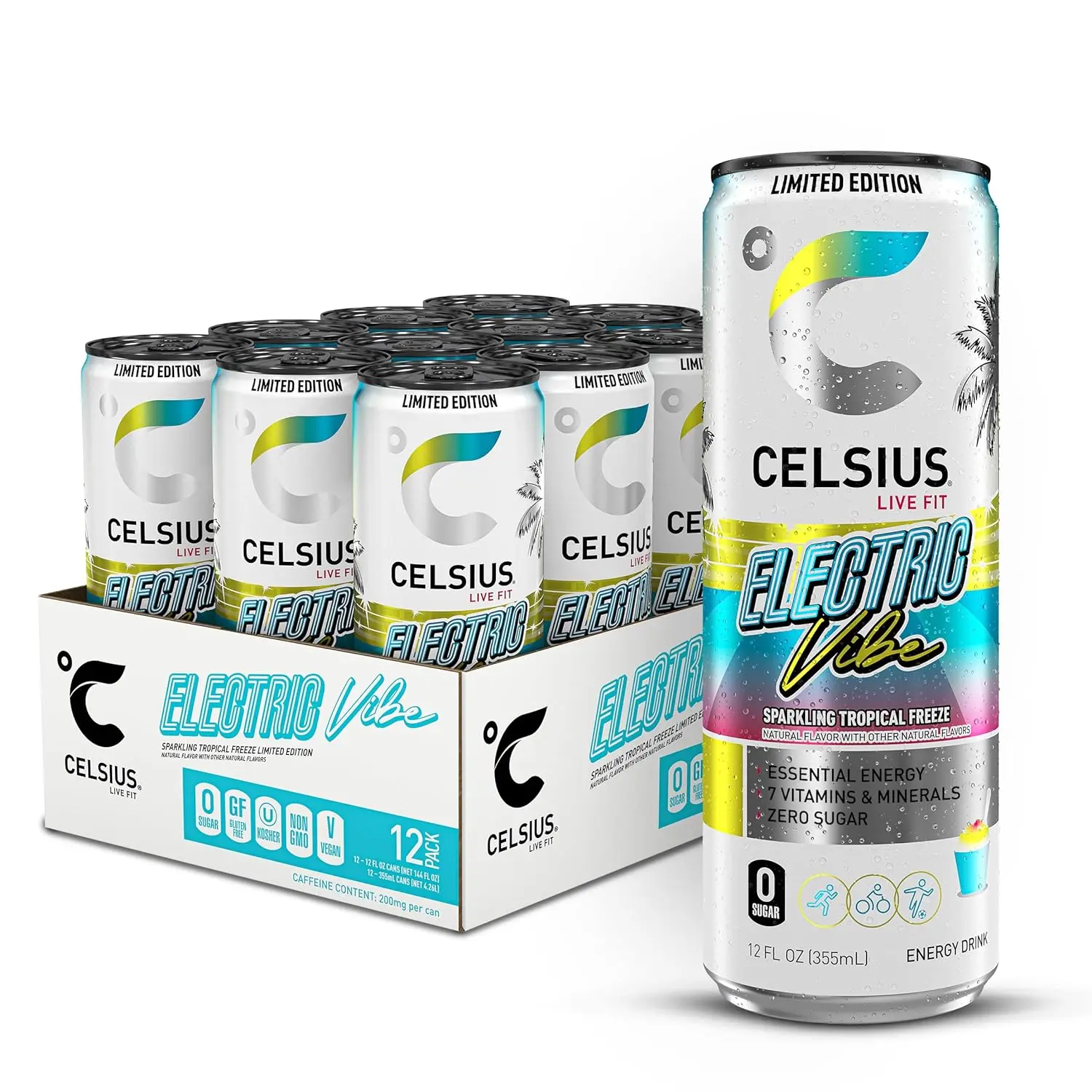 CELSIUS Sparkling Electric Vibe, Functional Energy Drink 12 Fl Oz (Pack of 12) Beverage Sport