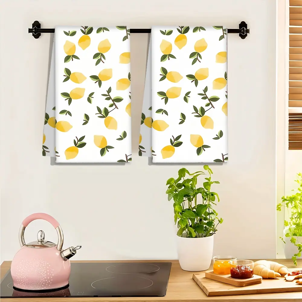 2pc Vibrant Lemon Print Dish Towel Cloth, Absorbent Dish Towels, 17.9x25.9 Inch Absorbent Tea Towel for Kitchen Dining Decor, Ideal for Drying Dishes & Cleaning, Kitchen Bathroom Style, Single-Sided Print Backing with Excellent Absorption