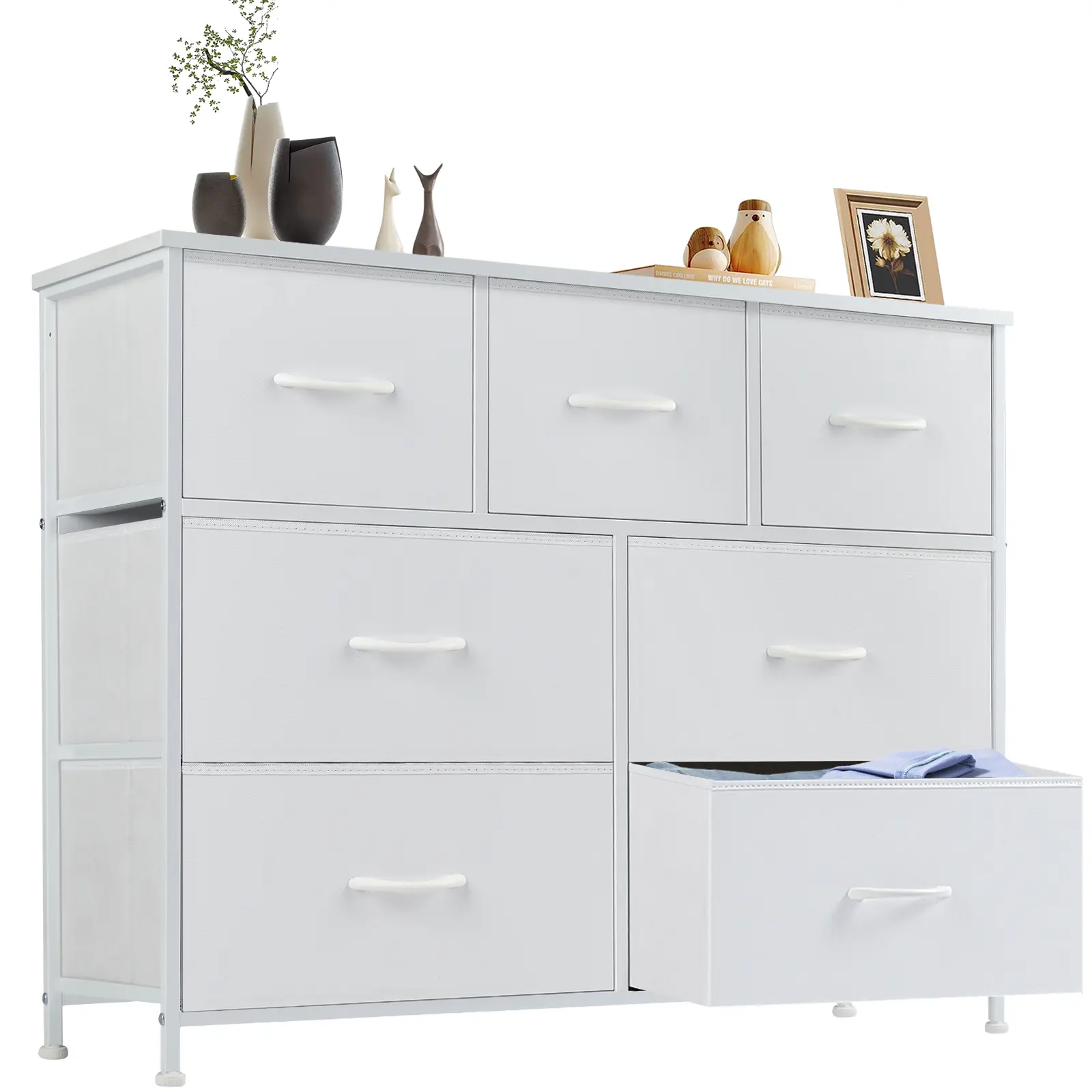 7-Drawer Fabric Storage Tower - Dresser Organizer with Fabric Bins, Steel Frame, Wood Top, Bedroom Chest of Drawers