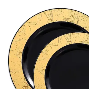 Black with Gold Marble Rim Disposable Plastic Dinnerware Value Set