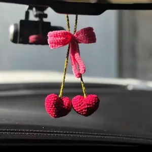 Crochet Heart Cherry Car Interior Mirror Hanging Decoration, Car Interior Decorative, Cute and Adorable Car Accessory, Perfect Gift for Car Lovers