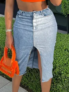 GILIPUR Color-Block Denim Skirt — Slit, Frayed Hem, High-Waisted Midi Skirt | TChic