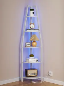 5-Layer LED Lighted Corner Wall Decor Shelf, 67.2” Tall Narrow Standing Ladder Unit with Metal Frame & Wooden Storage Rack (White) - Adjustable, Above 25 kg Support for Bedroom, Living Room