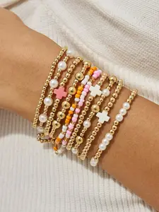 Vintage Style Beaded Bracelets Set, Artificial Pearl Charm Bangles, Elastic Cross Decor Stackable, Women's Daily & Holiday Jewelry Gift, Bohemian Bracelets, Multicolor Stackable Bracelets