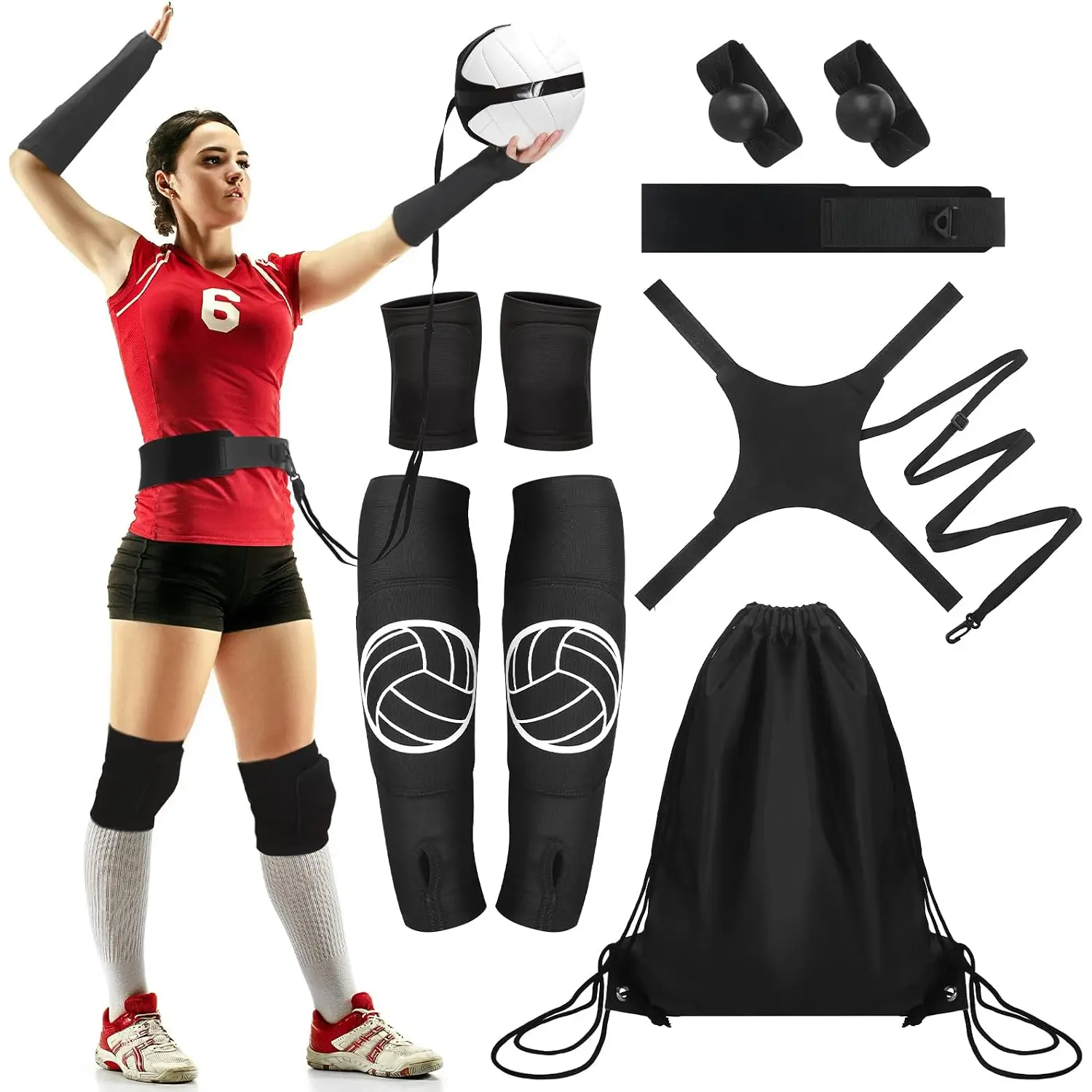 Volleyball Training Equipment Set Solo Serving Trainer Resistance Belt Setting Straps Knee Pads Arm Sleeves Drawstring Bag for Girls Teens Adults