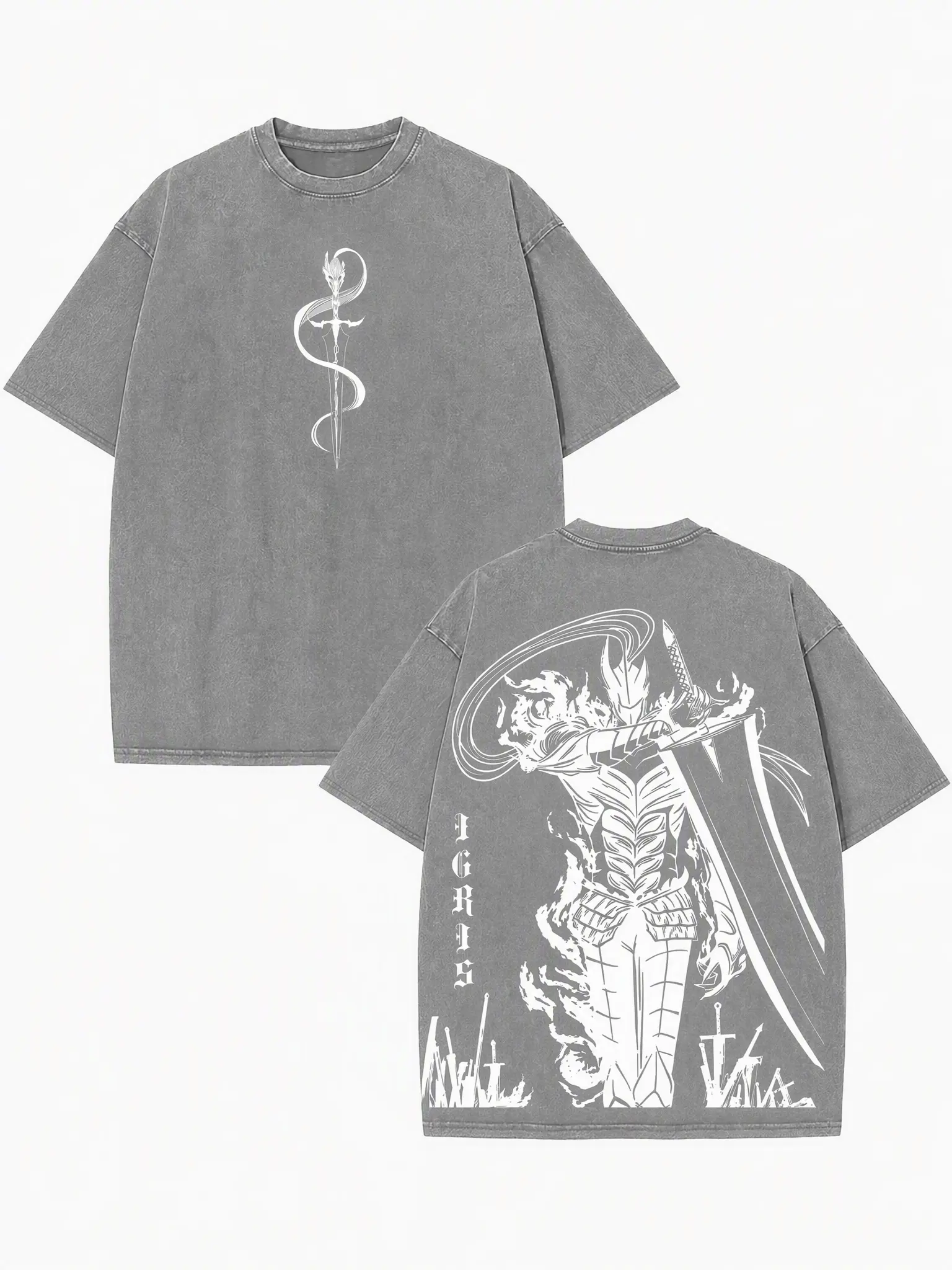 Oversized Cotton Graphic T Shirt Igris Solo Leveling Shadow Army Commander Knight Print Heavyweight Loose Short Sleeve Top Retro Dark Fantasy Manhwa Streetwear Casual Gym Daily Party Outfit Unisex Anime Fan Gift Distressed Aesthetic Fashion Tee