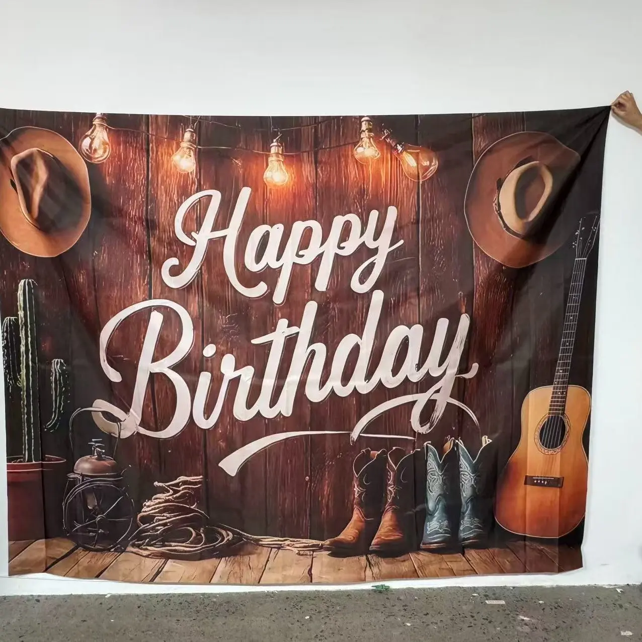 Cowboy Birthday Party Backdrop Decorative Banner, Western Style with Cowboy Gear & Cactus Pattern, Perfect for Theme Parties & Studio Shooting, Party Decorations, Party Decoration Supplies
