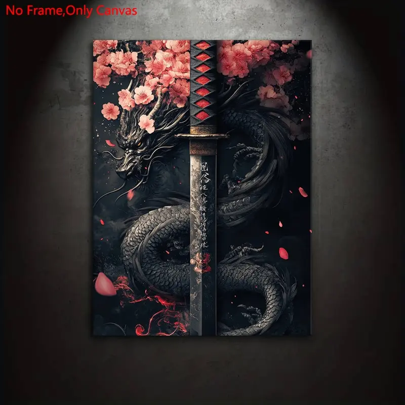 1 pc/set frameless, Aesthetic Design, Decorative canvas painting print poster, oriental fantasy art, cherry blossom black dragon katana, gift for Japanese culture lovers, gift for home, mural, wall & home decor