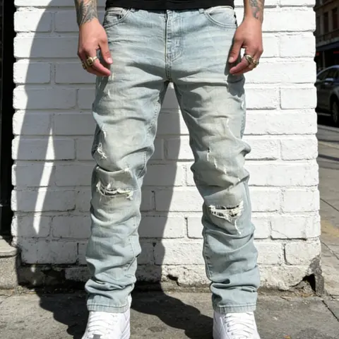Men's Korean Style Hip-Hop High Street Casual Oversize Loose Fit Light Wash Jeans, Distressed Ripped Washed Denim Jeans, All Seasons Fashion Long Leggings Pants, Casual Streetwear Distressed
