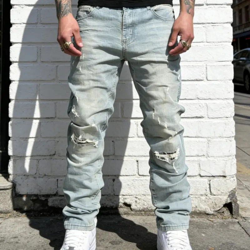 Men's Korean Style Hip-Hop High Street Casual Oversize Loose Fit Light Wash Jeans, Distressed Ripped Washed Denim Jeans, All Seasons Fashion Long Leggings Pants, Casual Streetwear Distressed