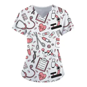 Women's Medical Pattern Print Scrub Top - V-Neck Clinical Uniform with Healthcare Motifs for Professionals