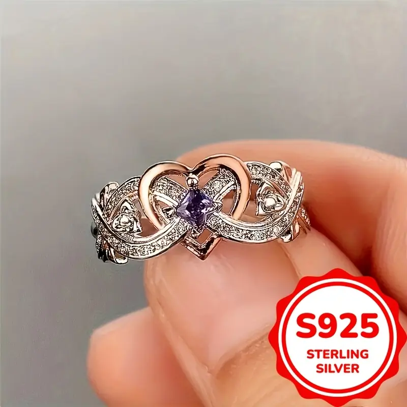 Elegant Infinity Heart Ring in 925 Sterling Silver, Unisex Wedding Band with Purple Synthetic Zirconia for Daily Wear, Sizes 4-11, Engagement Ring, Special Occasion Jewelry, S