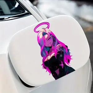 Cyberpunk Angel Anime Girl Vinyl Sticker, Neon Pink Waifu Decal, Waterproof Laptop Water Bottle Sticker