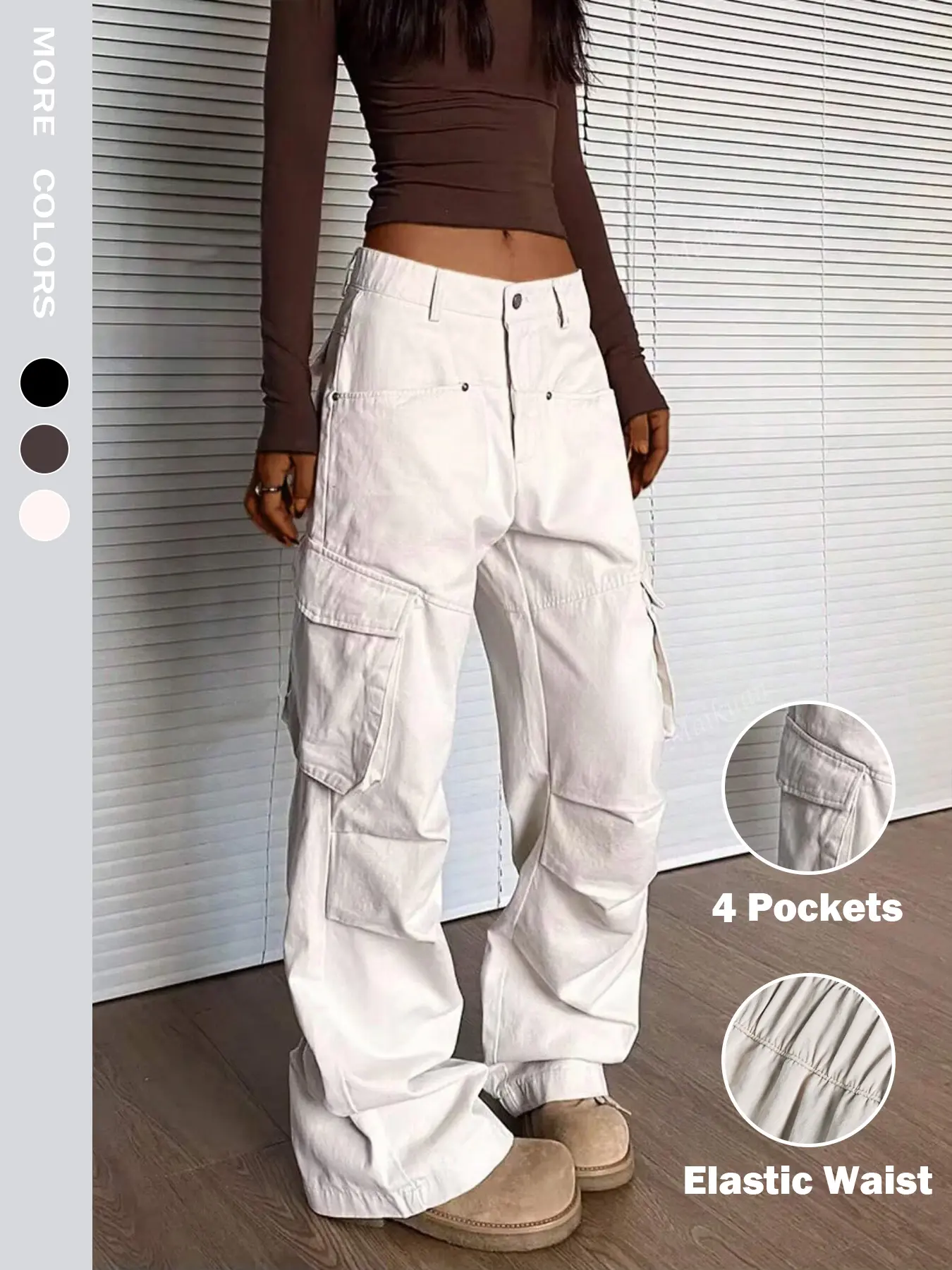 Women's Elegant Basic Solid Color Woven Fabric Elastic Waist Cargo Pants, Mid-Waist Straight-Leg Loose Fit Multi-Pocket Design Casual Style Bottoms, All-Season Comfortable Casual Wear, Casual Fashion Trousers