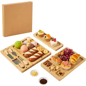 OUTGOODS Rustic Square Stylish 3-in-1 Bamboo Delicatessen Platter & Cheese Board Set - Large Tableware Serving Tray with Cutlery Knives & 2 Ceramic Bowls - Ideal for Entertaining, Holiday Gifts