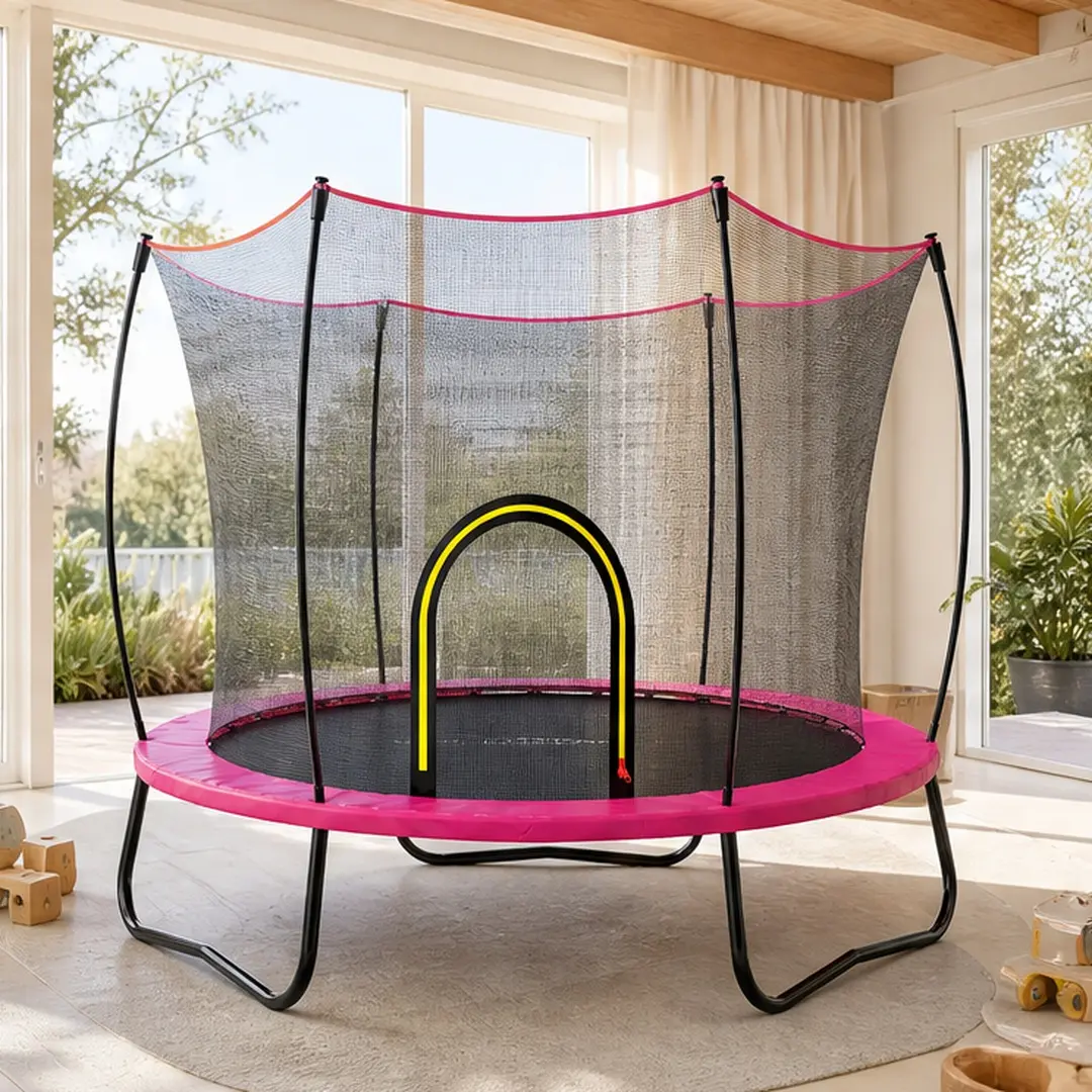 55 Inch Trampoline for Kids Outdoor with Enclosure Net, Dark Pink Steel Frame Trampoline with Safety Net, Galvanized Frame with Black Powder Coating, UV Resistant Jumping Mat, 3 U-Legs Stable Design, 6 Safety Net Poles, No Gap Mat