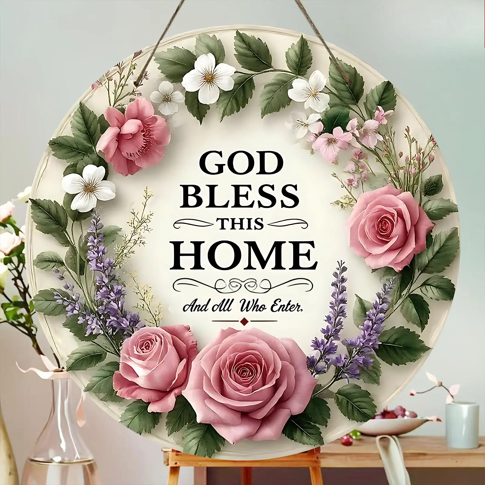 【summervibes】God Bless This Home Round Wooden Sign, Floral Wreath Wall Art, Farmhouse Front Door Hanger, Inspirational Home Decor, Christian Welcome Sign for Porch, Living Room, Housewarming Gift