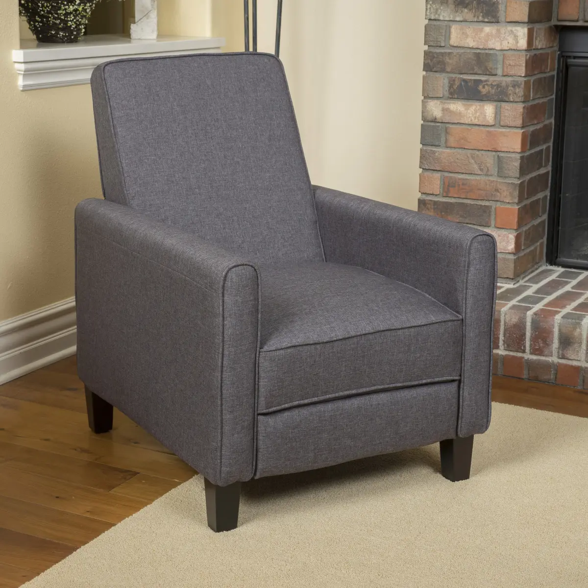 27*34.75*36.25 Inch Contemporary Compact Recliner Chair, Low‑Profile Small‑Space Recliner with Piped Edges & Matte Black Tapered Legs