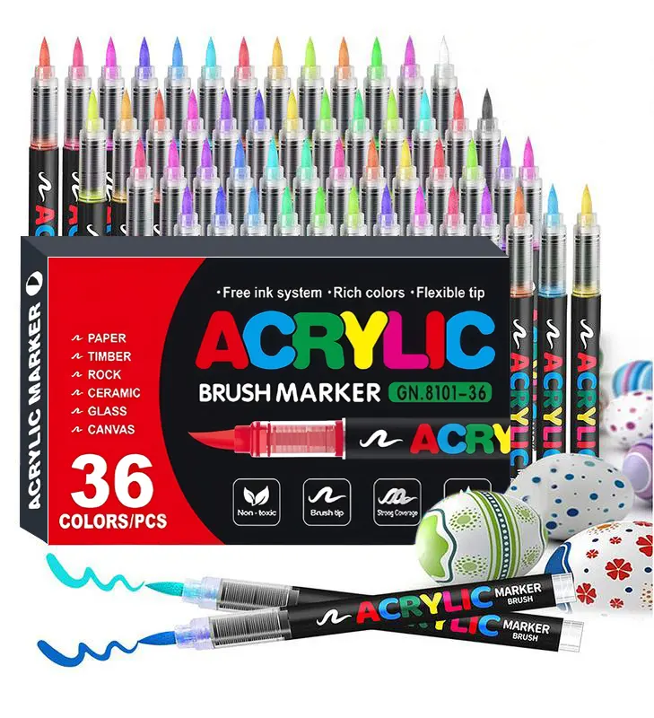Acrylic Paint Markers Brush Tip, 36 Vivid Colors with Direct-Liquid Ink System, Professional-Grade Paint Pen for Rock Painting, Books Coloring, Note Taking, Card Writing, Ceramic, Wood, Canvas, Glass, Stone, Fabric, DIY Crafts, Drawing Art Supplies Kit