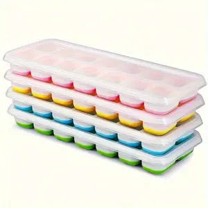 4 Pack Stackable Silicone Ice Cube Trays with Lids Easy Release Leak Proof Freezer Safe Perfectly Shaped Ice Cubes Colored Ice Cubes Durable Plastic Trays