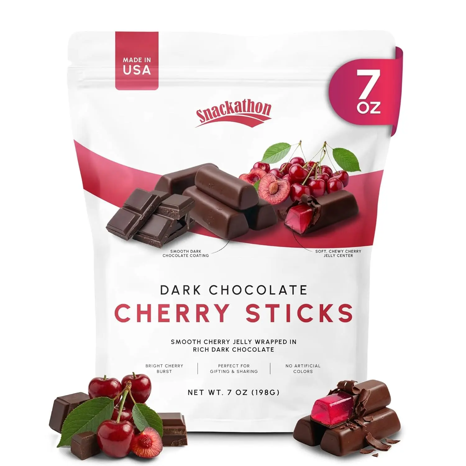 Snackathon Dark Chocolate Cherry Sticks, Resealable Bag, Tart Chewy Cherry Jelly Centers Covered in Rich Dark Chocolate, Gourmet Chocolate Candy For Gifting & Holidays, Made in USA