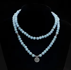 8mm Blue Bead Rose Quartz Mala Beaded Necklace | Versatile Long Wrap Bracelet Lucky Crystal Jewelry Lotus Charm Perfect For Everyday Wear & Gift For Her, Statement Necklace
