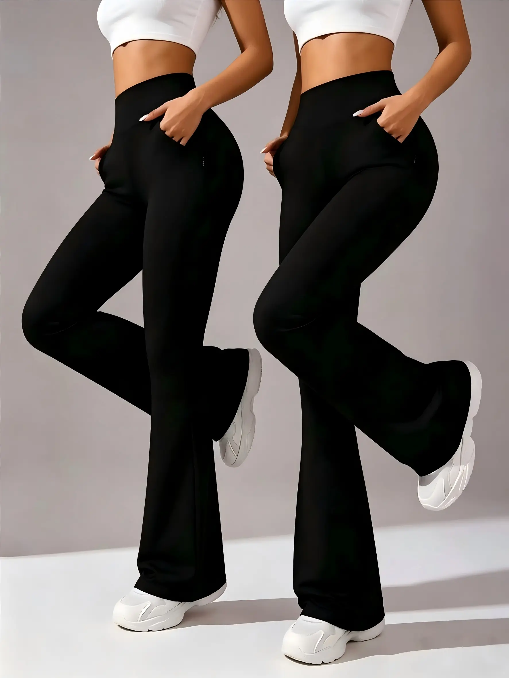 Women's 2-Pack High-Waisted Tummy Control Flare Pants - Elastic Waist, Solid Color Stretch Fabric, Pockets, Comfortable Minimalist Fit for Sports, Outdoor Activities, Trouser, Female, Sporty Chic,back to school,back to school haul