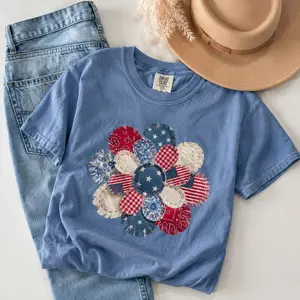 ( FAUX PATCHWORK-PRINT ) Comfort Colors Vintage Patriotic Patchwork Flower TShirt Printed, 4th Of July Floral Tee, Americana Quilt Style TShirt, Boho USA Tee, Summer Graphic Tee - TrendWear USA