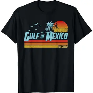 Men's Soft Classic Short-Sleeve Round Neck Tropical Menswear Cotton T-Shirt - Gulf of Mexico Est 1550 Retro Vintage Beach Style